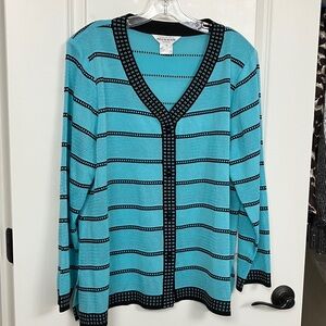 New Misook Crochet Knit Blue Black Cardigan Sweater 1X